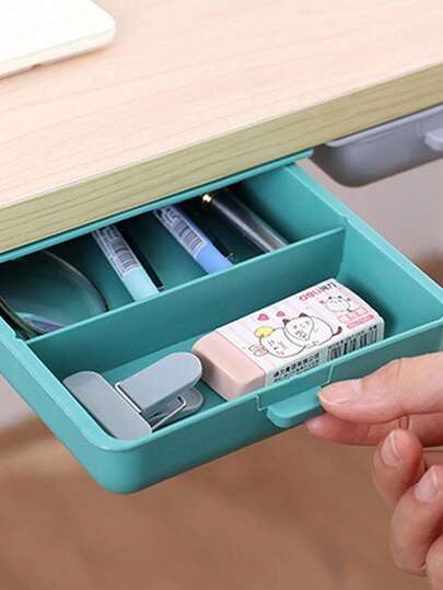 صندوق قلم خفي بمقبض، صندوق تخزين لاصق ذو سعة كبيرة لأسفل المكتب، تصميم بسيط للمكتب والطلاب
