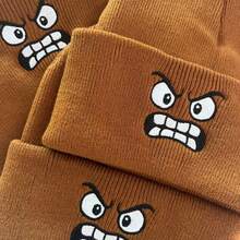 刺绣针织帽，动漫周边，生气表情，套头衫，可爱羊毛帽，秋冬季，保暖，休闲 - 棕色 - 查看 3