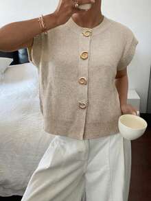 Women's Casual Commuter Metal Buckle Knit Cardigan, Crew Neck Batwing Sleeved Fashion New Style Button Down Jacket, Spring Summer Fall - Camel - View 2