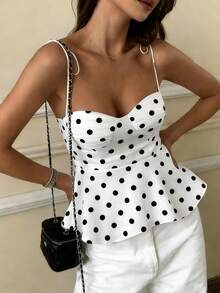Women's Casual Elegant Versatile Polka Dot Sleeveless Fitted Tank Top With Bow Tie Strap Design And Flared Hem, Suitable For Spring/Summer - Black and White - View 6