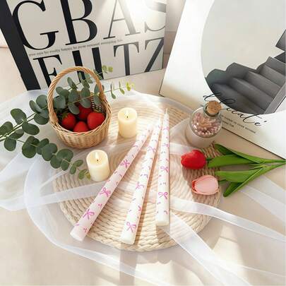 2pcs 25cm Bow Print Long Handle Scented Candles, Pink And White Color Scheme, Paired With Macaron Color Butterfly Candle Holder. Suitable For Creating Holiday And Romantic Ambiance For Chinese New Year Celebration, Candlelight Dinner, Wedding And Other Occasions.