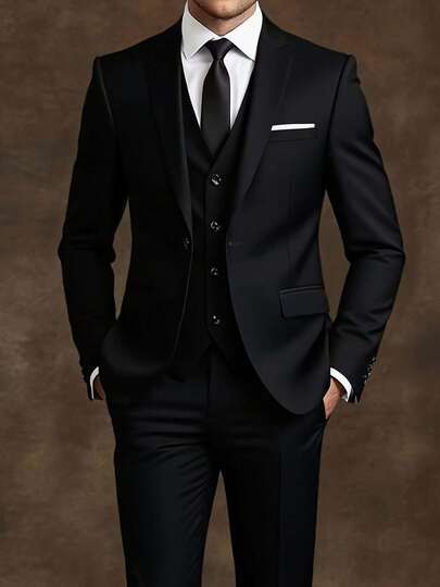 Men's Slim-Fit Black 3-Piece Suit - Elegant Black And White Wedding And Formal Wear, Long Sleeves, Button Closure, Non-Stretch Fabric, Suitable For Office Meetings And Elegant Events All Year Round, Wedding Attire, Slim-Fit Suit