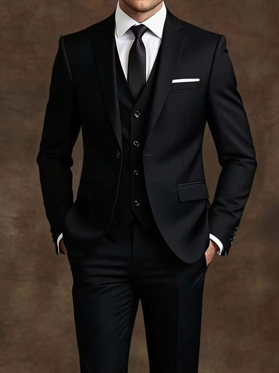 Men's Slim-Fit Black 3-Piece Suit - Elegant Black And White Wedding And Formal Wear, Long Sleeves, Button Closure, Non-Stretch Fabric, Suitable For Office Meetings And Elegant Events All Year Round, Wedding Attire, Slim-Fit Suit - 黑色 - 查看 1