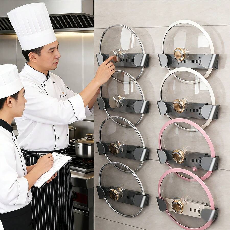 1pc Kitchen Wall-Mounted Pot Lid Rack, Household Drill-Free Storage Organizer Rack, Adjustable Retractable Cutting Board Holder - Multicolor - View 1