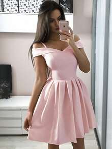 Fitglam Cute Off-The-Shoulder Satin Bridesmaid Dress Short Party Homecoming Dress - 粉色 - 查看 3