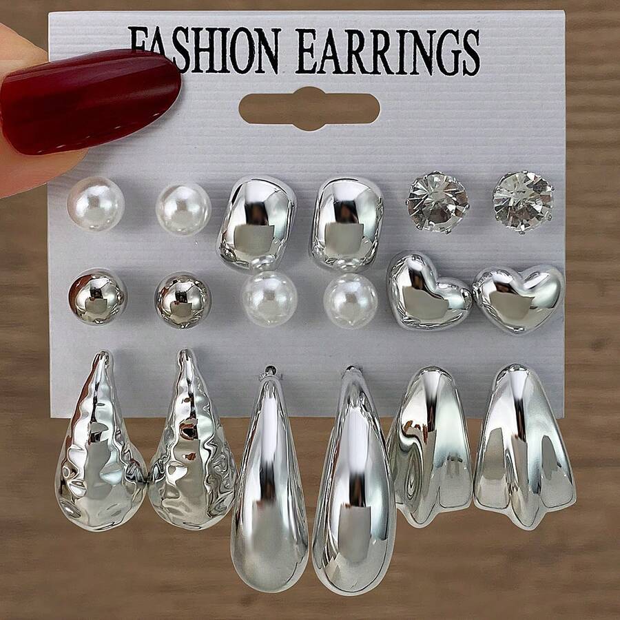 VKME 18件套金属材质爱心水滴珍珠C型卡片耳环，女士派对日常百搭饰品 - 銀色 - 查看 1