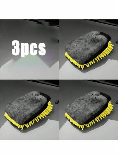 1/3pcs Car Care Double Sided Gloves Waterproof Car Wash Microfiber Gloves Long Hair Thickened Car Cleaning Gloves Wax Detail Brush.Fingertip-Fitting Cut, Flexible Operation Of Small Objects, No Dead Ends In Cleaning Gaps