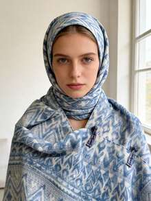 1pc Bohemian Style Blue Frog Buckle Pattern Women's Headscarf, Stone Pattern Headscarf, Blue Tone, Exquisite Pattern, Suitable As Gift, Suitable For Autumn And Spring Outfits - Blue - View 3