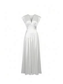 Elegant Solid Color High Slit Backless Zipper Maxi Fitted Dress For Wedding Party Black - Black - View 7