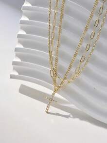 3pcs Copper Cross Pendant Necklace Set With Paper Clip Elements, Fashionable Jewelry Suitable For Vacation Accessories - Yellow Gold - View 4