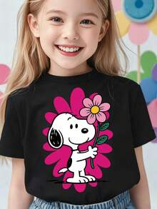 Soft Cute Pink Flower Snoopy Girls' Short Sleeve T-Shirt, Black Base Contrast Cartoon Print Top, Sweet Style Kids' Wear For Daily & Outings - màu đen - Xem 1