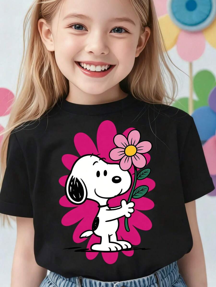 Soft Cute Pink Flower Snoopy Girls' Short Sleeve T-Shirt, Black Base Contrast Cartoon Print Top, Sweet Style Kids' Wear For Daily & Outings - màu đen - Xem 1