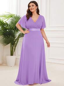EVERPRETTY Plus Size Elegant V-Neck Ruched Formal Bridesmaid Dress Wedding Spring Party - Mauve Purple - View 5