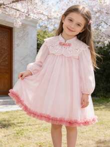 mini bala 女婴刺绣网纱连衣裙，中国风，柔软甜美，2026春季系列 - 白紅色 - 查看 1