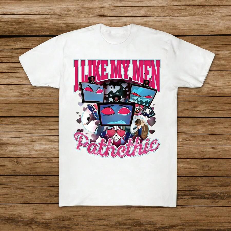 Vox Hazbin Hotel-Camiseta patética I Love My Men para hombres y mujeres, camisetas 100% de algodón, camisetas de manga corta, de moda de al por menor - Blanco - Ver 1