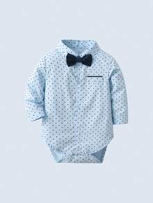 BOARNSEORL 3pcs Baby Boys Gentleman Outfit - Blue Long Sleeve Polka Dot Shirt With Bowknot, Overalls With Suspenders, And Hat, Fashionable And Dapper For Birthday Party, Wedding, Christening - Navy Blue - View 3