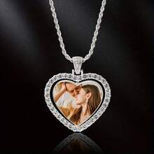 Customizable Heart-Shaped Photo Pendant Necklace, Fashionable Silver Grey Stainless Steel Chain, Alloy Love Token Jewelry Gift, For Dad, Boyfriend, Husband - Multicolor - View 3