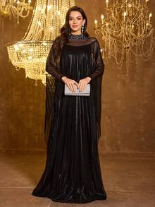 SUPGIR 女士立领串珠亮片拼接薄纱修身晚礼服 - 黑色 - 查看 4