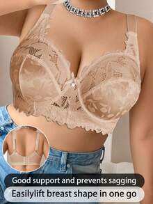Plus Size Women Fashion Lace Patchwork Underwire Bra - Apricot - View 5
