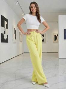 A&DD MODA, REF: AS1807 - Women's High-Waisted, Straight-Leg Trousers With Pockets And Interwoven Stripes On The Sides. For Office, Commuting, Vacation, Afternoon Tea, Events. - Màu vàng - Xem 4