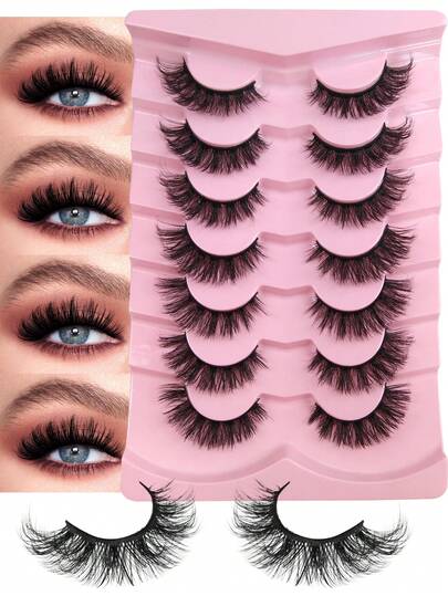 7对假睫毛，自然3D蓬松仿貂毛假睫毛，纤细浓密交叉条状假睫毛，黑色睫毛梗，浓密柔软卷翘睫毛，适合派对、节日、角色扮演、漫画风格等场合。