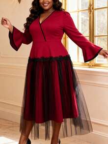 Plus Size Blue Midi Dress For Women With V Neck Long Flare Sleeves Contrast Lace Mesh For Party, Valentine's Day Wedding Spring - Red - View 1