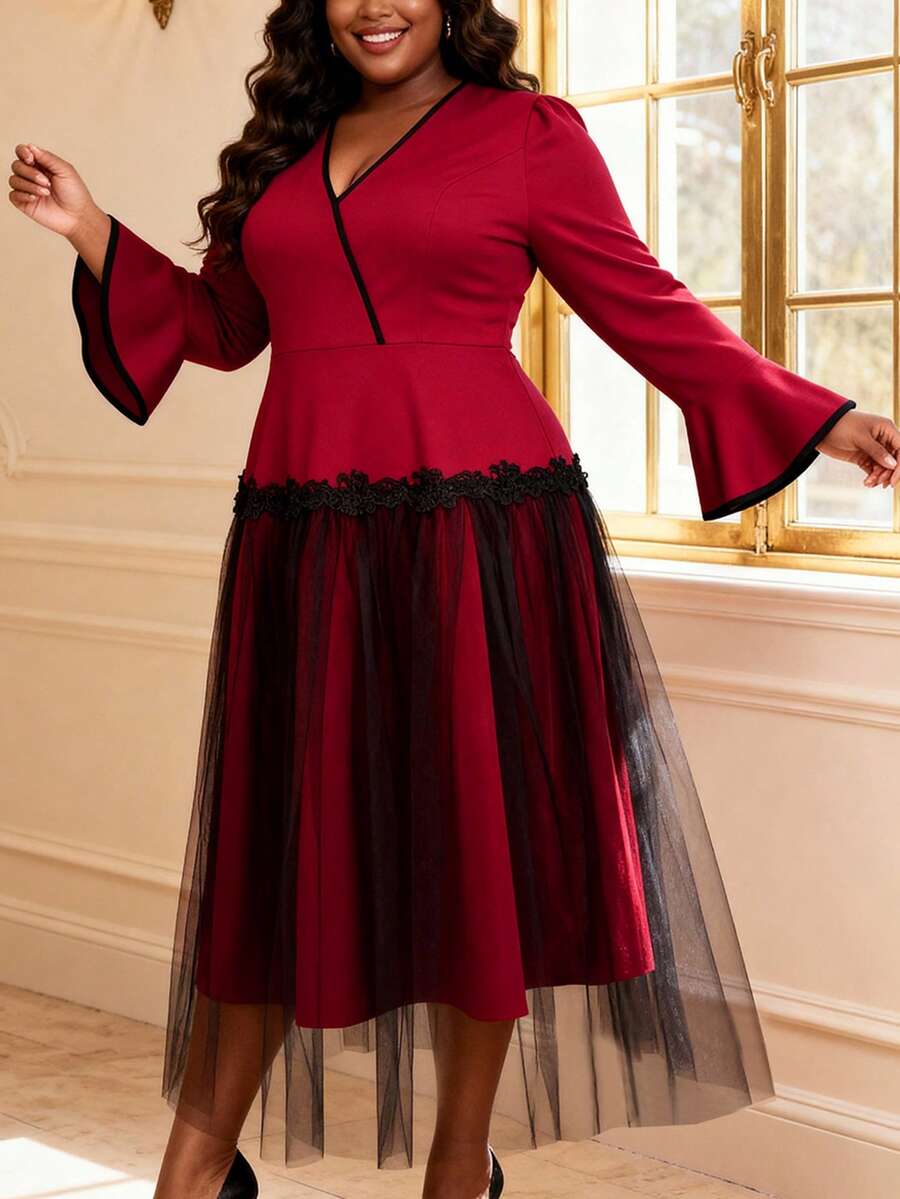 Plus Size Blue Midi Dress For Women With V Neck Long Flare Sleeves Contrast Lace Mesh For Party, Valentine's Day Wedding Spring - Red - View 1