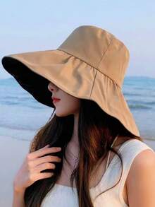 1顶新款韩版女士可折叠大檐遮阳帽，夏季款，黑色乙烯基材质，防紫外线，渔夫帽 - 彩色 - 查看 6