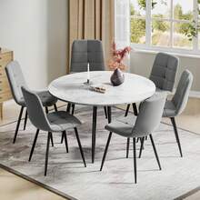 White Marble Table + 6 Gray Linen Chairs