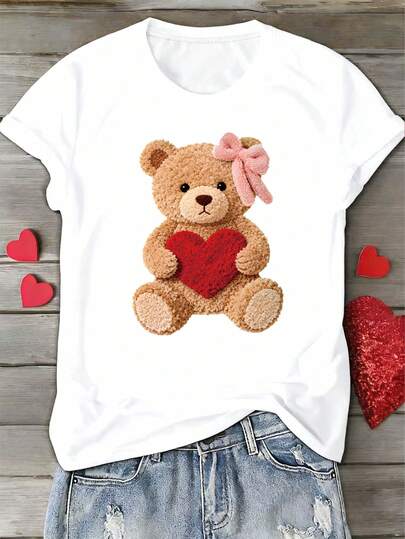 Valentine's Day Faux Line Drawing Teddy Bear Print Round Neck Short Sleeve T-Shirt, Playful & Cute Heart Design, Ideal For Valentine's Day Wear