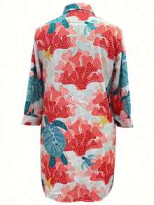 Plus Size Long Sleeve Button Front Long Shirt, Decorated With Sea Turtle And Coral Prints, Regular Hem Vacation - Coral Pink - View 6