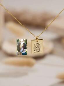 Customized Photo Necklace, Engraved Gold Photo Outline Necklace, Memorial Jewelry, Mother's Gift, Her Birthday Gift, Christmas Gift - Gold - View 3