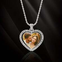 Customizable Heart-Shaped Photo Pendant Necklace, Fashionable Silver Grey Stainless Steel Chain, Alloy Love Token Jewelry Gift, For Dad, Boyfriend, Husband - Multicolor - View 6