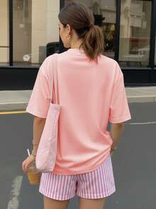 女士休闲加大码字母印花宽松短袖T恤和条纹短裤两件套，女士套装，女士夏季套装，度假装，旅行服，沙滩风，简约度假装，优雅 - 杏色 - 查看 2