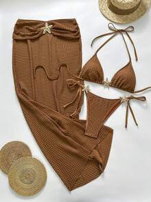 2026 Spring/Summer New Bubble Plaid Halter Drawstring Gold Starfish Decor 3 PiecesSwimsuit For Women, Vacation & Beach - Brown - View 10