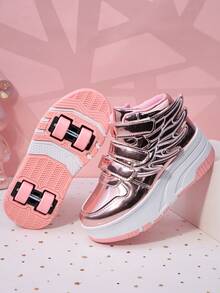 Kids Roller Skate Shoes With 4 Wheels, Detachable Wheels, Roller Skating Shoes, Fashion Casual Shoes With Hook And Loop, For Boys And Girls, Children And Students - Pink - View 5