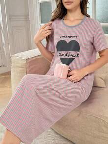 100%Cotton Slogan Graphic Gingham Print Drop Shoulder Short Sleeved Nightdress - Multicolor - View 4
