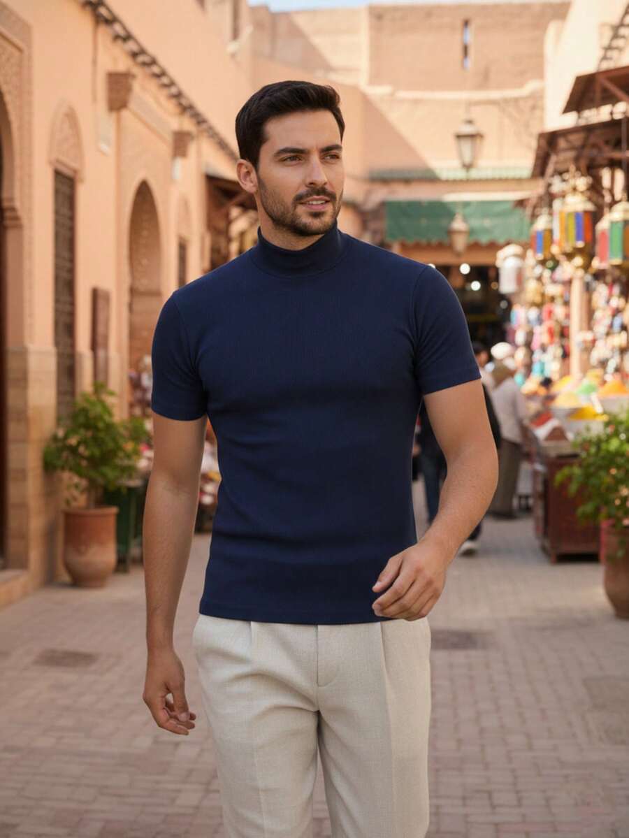 Men's Ribbed Turtleneck Shirt, Old Money Style, Fall/Winter - 藏蓝色 - 查看 1