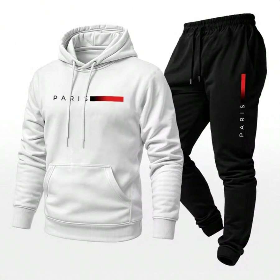 Men's Kangaroo Hoodie And Cold Weather Tracksuit Set - White/Black - View 1