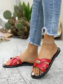 Women's Fashion New Sandals, Metal Buckle Design, Suitable For Home, Beach And Versatile Wear - Red - View 6