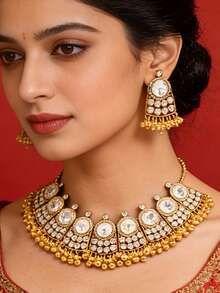 3件套奢华南亚风水钻水晶首饰套装，铃铛流苏项链套装，适合女性节日、宴会和日常佩戴，新娘婚礼首饰 - 金色 - 查看 2