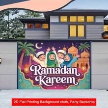 1件伊斯兰祝福图案摄影背景布，卡通风格，适用于开斋节庆祝活动、家庭聚会、斋月盛宴、伊斯兰节日，涤纶材质，适合各种场合和环境。 - 彩色 - 查看 3