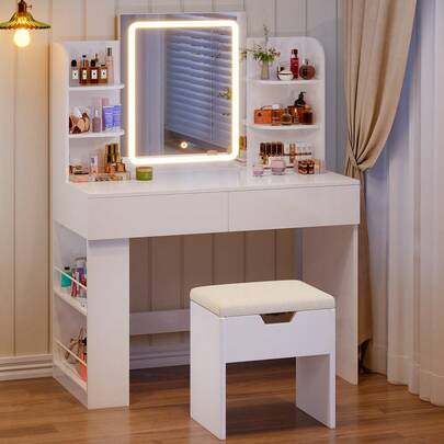 Devoko Dressing Table With LED Lighting, 3 Colors With Adjustable Brightness, Dressing Table With Mirror For Make-Up, Cosmetic Table With Adjustable Shelves, 2 Drawers, Modern, White