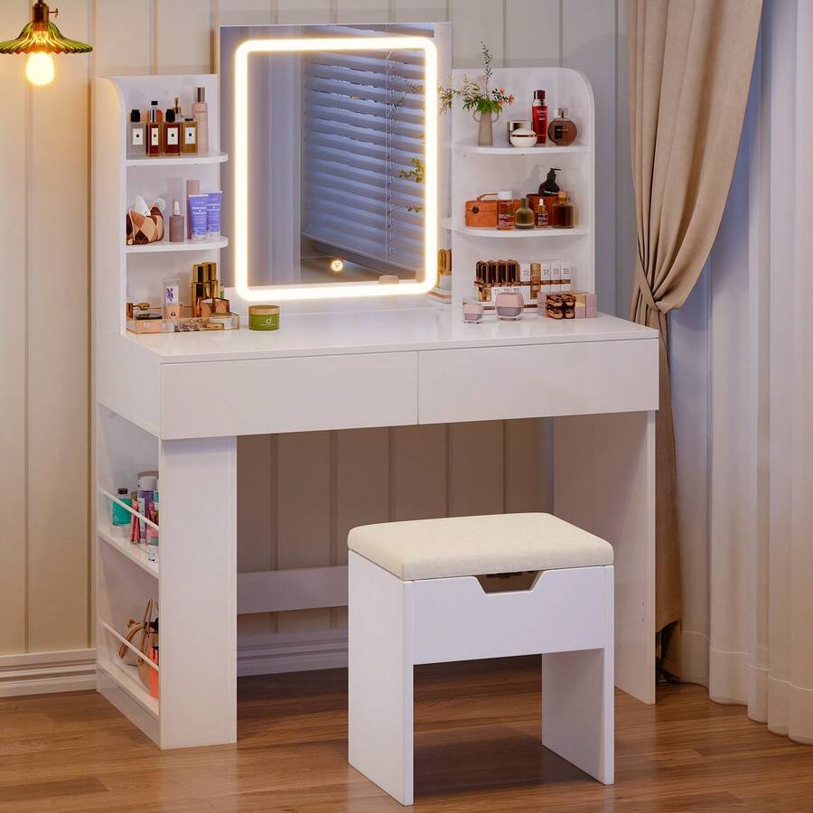 Devoko Dressing Table With LED Lighting, 3 Colors With Adjustable Brightness, Dressing Table With Mirror For Make-Up, Cosmetic Table With Adjustable Shelves, 2 Drawers, Modern, White - View 1