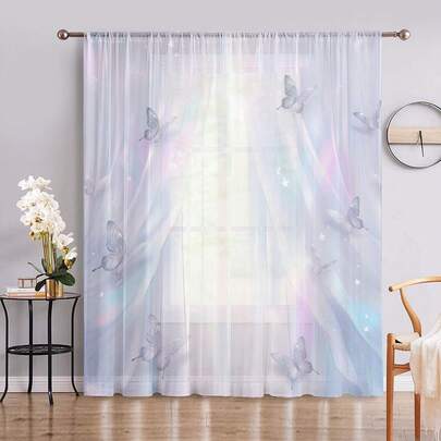 1 Stück 2D flach bedruckter traumhafter transparenter Vorhang mit Schmetterlings-Design, Gardinenband, Polyesterstoff, dekorativer Fenstervorhang für Mietwohnung, Wohnzimmer, Küche, Schlafzimmer, abnehmbar und maschinenwaschbar, kleiner Fenstervorhang