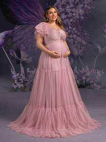 Faeriesty Elegant Maternity Plus Size Soft Pink Asymmetric Neckline Maxi Party Gown For Women | Sheer Mesh & Tulle Fabric With Multi-Layer Flounce , Chest Ruched Detailing For Feminine Dimension, Perfect For Spring Weddings, Mother's Day Celebrations - Mauve Purple - View 4