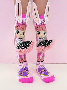 1双儿童过膝袜，儿童袜子，趣味袜子，印有可爱女孩图案和3D耳朵装饰。适合所有季节，是节日、儿童派对、情人节、复活节、节假日、户外活动和日常穿着的完美礼物。 - 淺粉色 - 查看 7