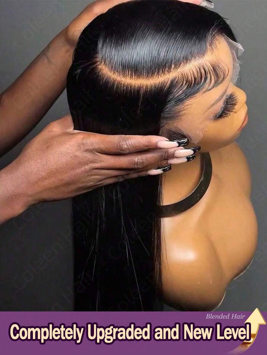 13x4高清蕾丝前假发，28英寸真人发混纺，自然黑色，自然直发，预先拔毛，带婴儿发，200%密度，耐热纤维混纺，女士假发 - 自然色&黑色系 - 查看 1