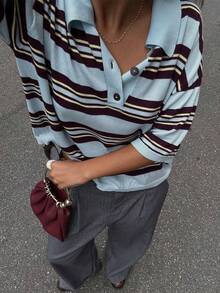 SEREN 夏季新款宽松休闲复古短袖 Polo 衫，女士针织条纹衬衫，夏季度假装 - 彩色 - 查看 8