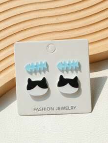 2 Pairs Cute Back To School Cat & Fish Stud Earrings Set, Sweet Girly Earring Jewelry Gift Set - Fish Cat - View 8